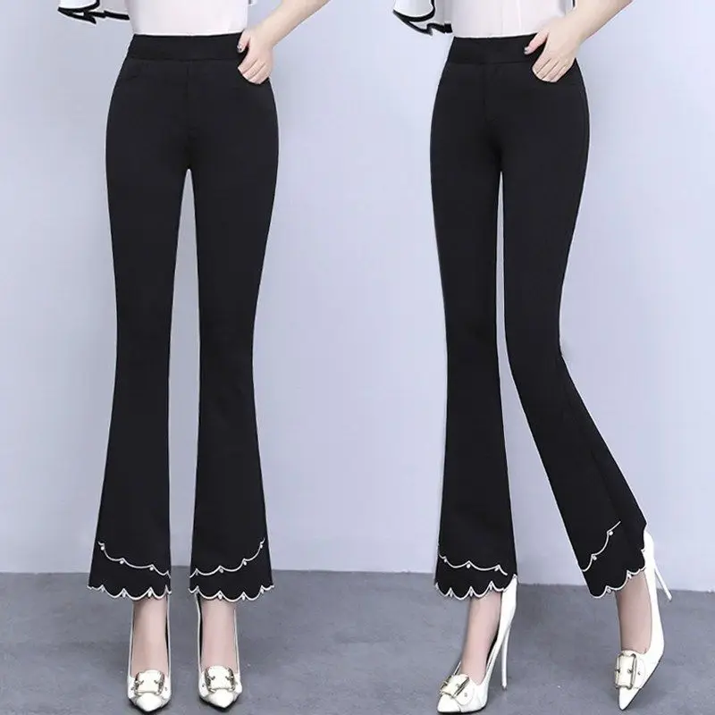 2023 Autumn Winter New Korean Edition Flare Pants Dropped High Waist Casual Pants Embroidered Slim Women's Crop Pants