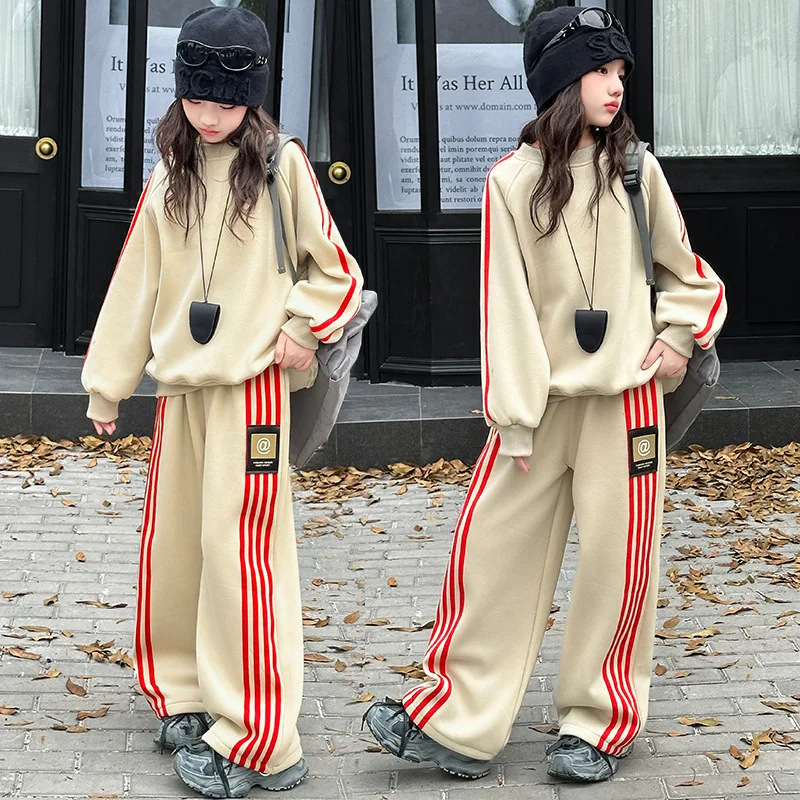 

Autumn School Girls Tracksuit Long Sleeves Striped Children Girls Two-piece Sets Round Neck Sweatshirt+Elastic Waist Pant Outfit
