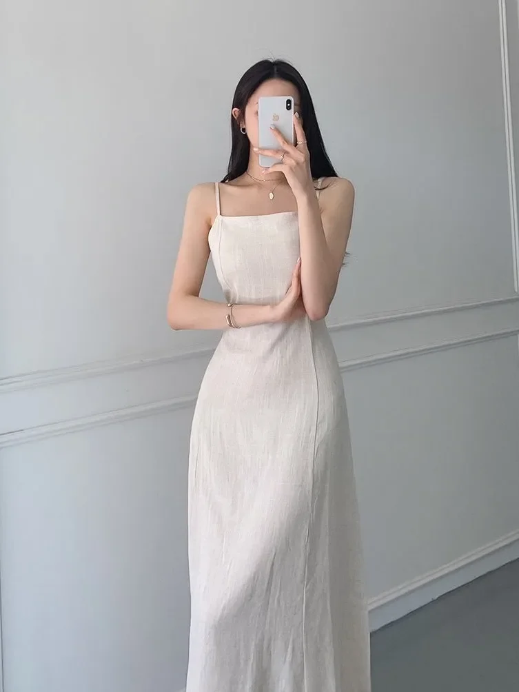 Summer Women's Cotton and Linen Slim Fit Dress Lace Up Camisole SkirtSimple Elegance Belted Waist Slimming High Waist Midi Dress