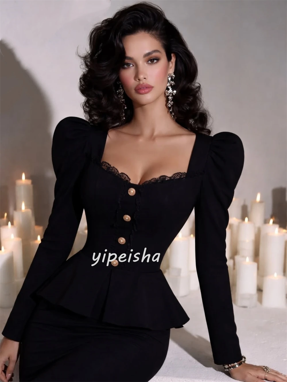 Customized Modern Style Formal Jersey Button Lace Mermaid Party Dress Matching Classic Square Neck Long Sleeves Evening Dresses