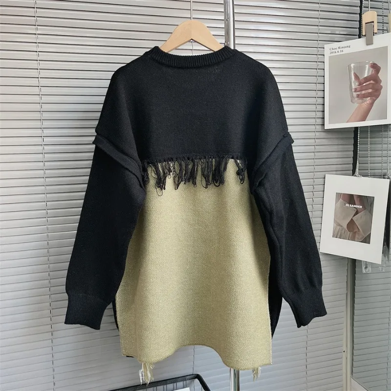 Vintage Contrast Color Tassel Sweaters Women O-neck Long Sleeve Loose Casual Knitted Pullovers Harajuku Fashion Gothic Y2k Top