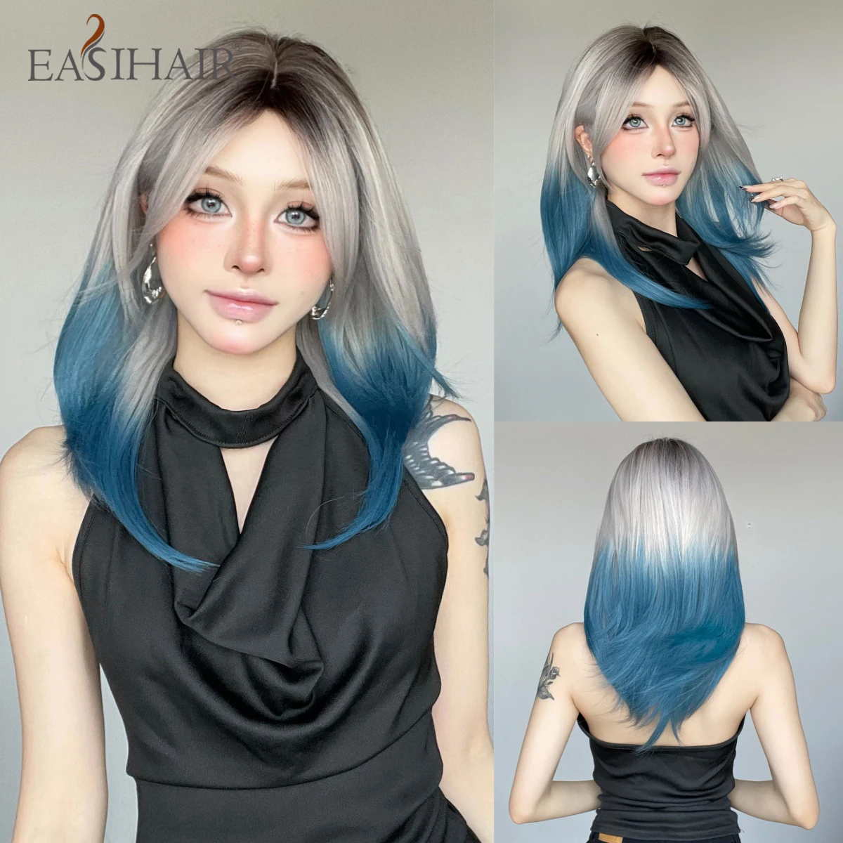 

EASIHAIR Blonde to Blue Ombre Cosplay Synthetic Wigs for Women Long Straight Ombre Wigs With Bangs Dark Roots Daily Use Fiber