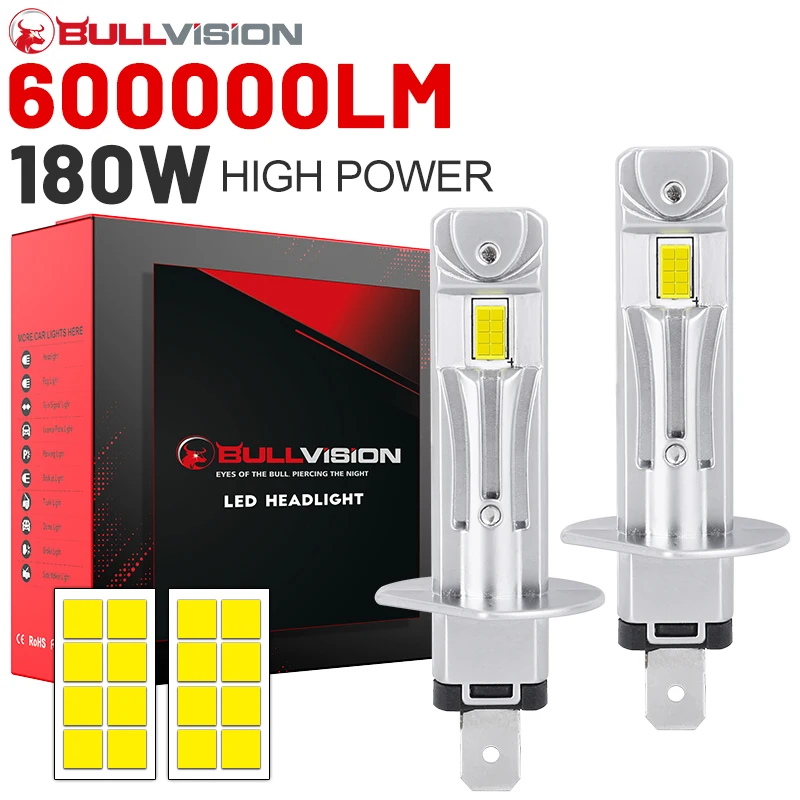 BULLVISION 2Pcs H1 LED Light Bulb Canbus Headlight Mini Size Wireless Fanless For Car LED Lamp CSP Chips 12V 180W 6000K White
