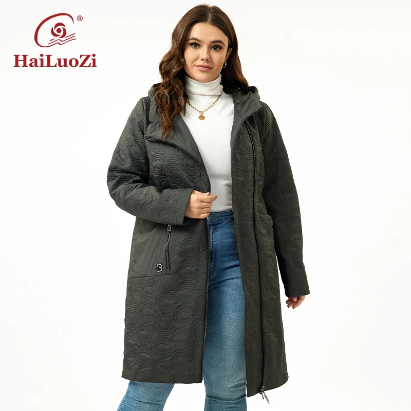 HaiLuoZi 2023 New Spring Women Coat Plus Size Slanted Placket Long Hooded High Quality Female Parkas Zipper Women's Jackets 5537