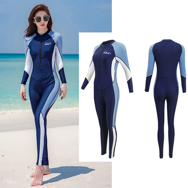 

Women's Thin Wetsuit Long Sleeve Front Zip One-piece Swimsuit UV Protection Rash Guard Full Body Surf Diving Suit Yoga Bodysuit