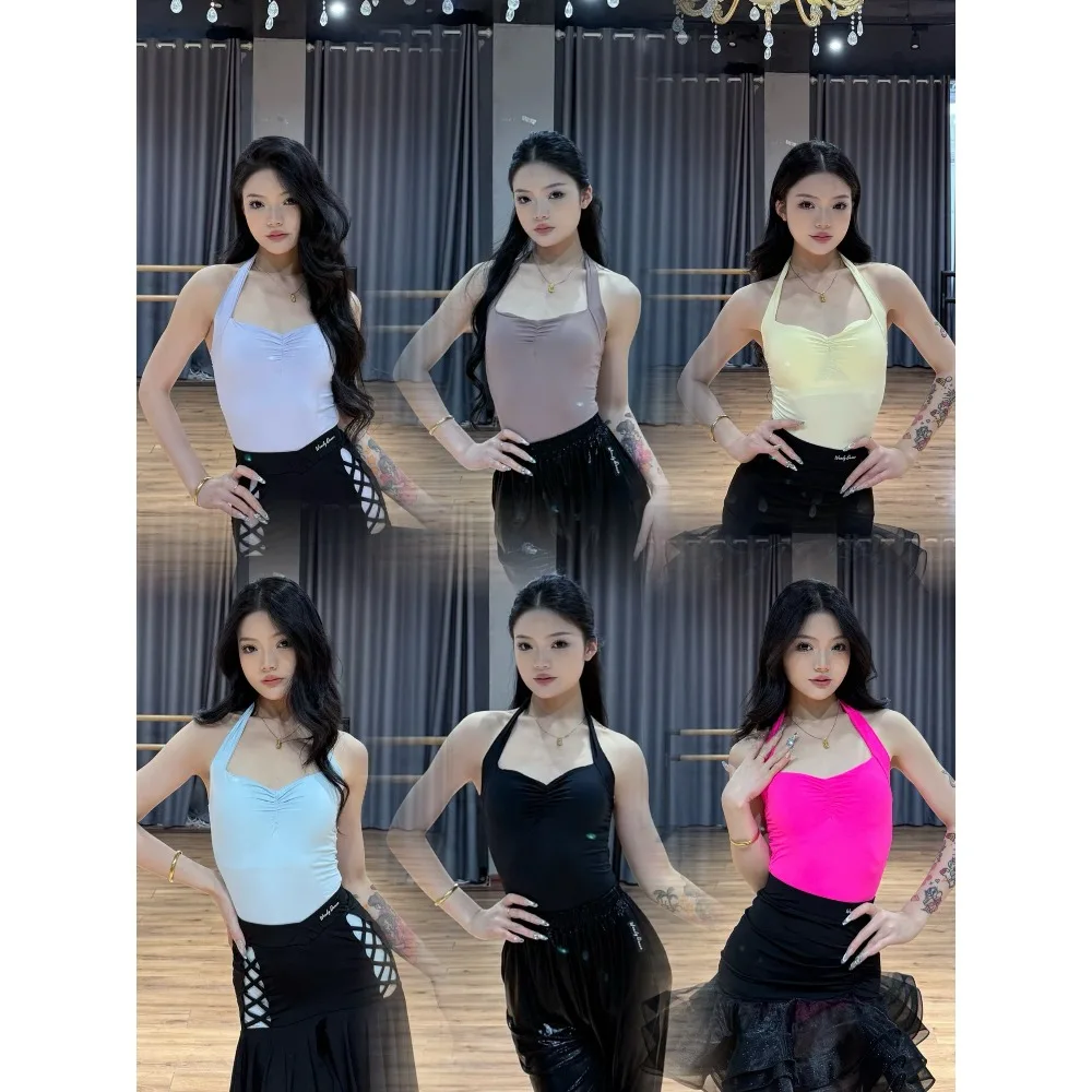 Customized Latin Dancewear Women's Neck Hanging Suspender Ice Silk Covering Breast Multi-color Versatile Basic Design Jumpsuit