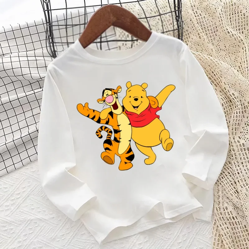 ويني ذا بوه لطيف الدب تيجر طباعة الكرتون الاطفال تي شيرت طويل الأكمام الخريف طفل الفتيان الفتيات ملابس الأطفال عادية تي شيرت