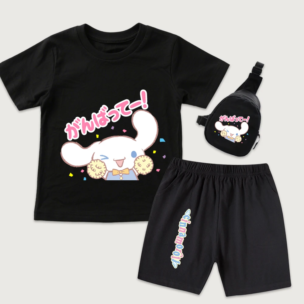 

Детская хлопковая футболка с принтом Cinnamoroll Cheer Up, шорты, мини-сумка на грудь, комплект из 3 предметов для мальчиков и девочек, летняя одежда