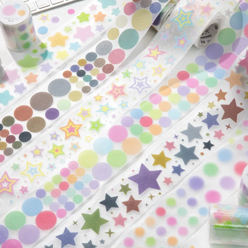 Shiny Sand Texture PET Die Cut Washi Tape Simple Star Round Dot Design Versatile Handcraft Ornament Tape