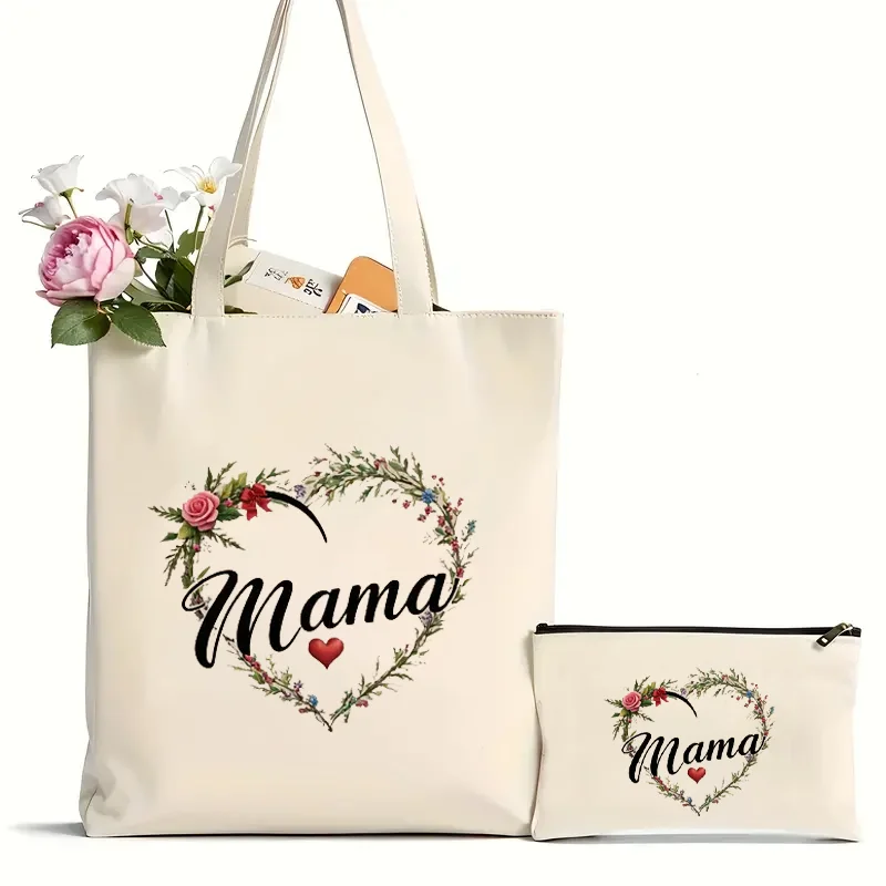 2Pcs Canvas Tote Bag With Mother's Praise Theme Print, Casual Large Capacity Shoulder Shopping Bag, Durable Multipurpose Bag