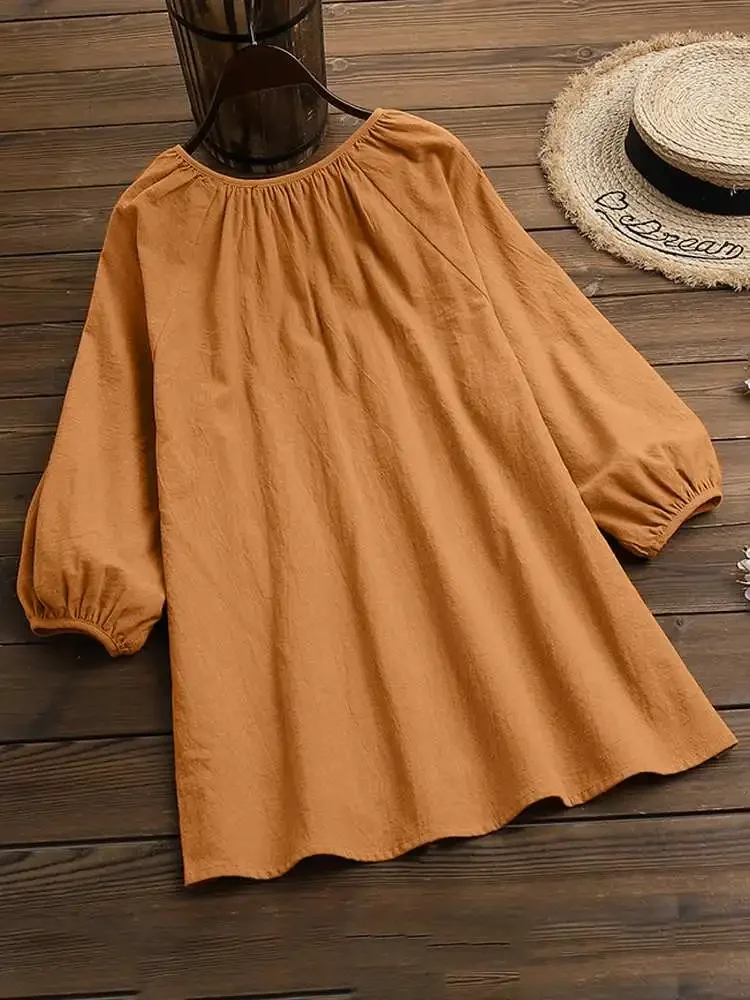 

Women Fashion Blouse 2024 Summer Lace Up Shirts Elegant Office Solid Color Tops Casual Loose Long Puff Sleeve Blusa Femme