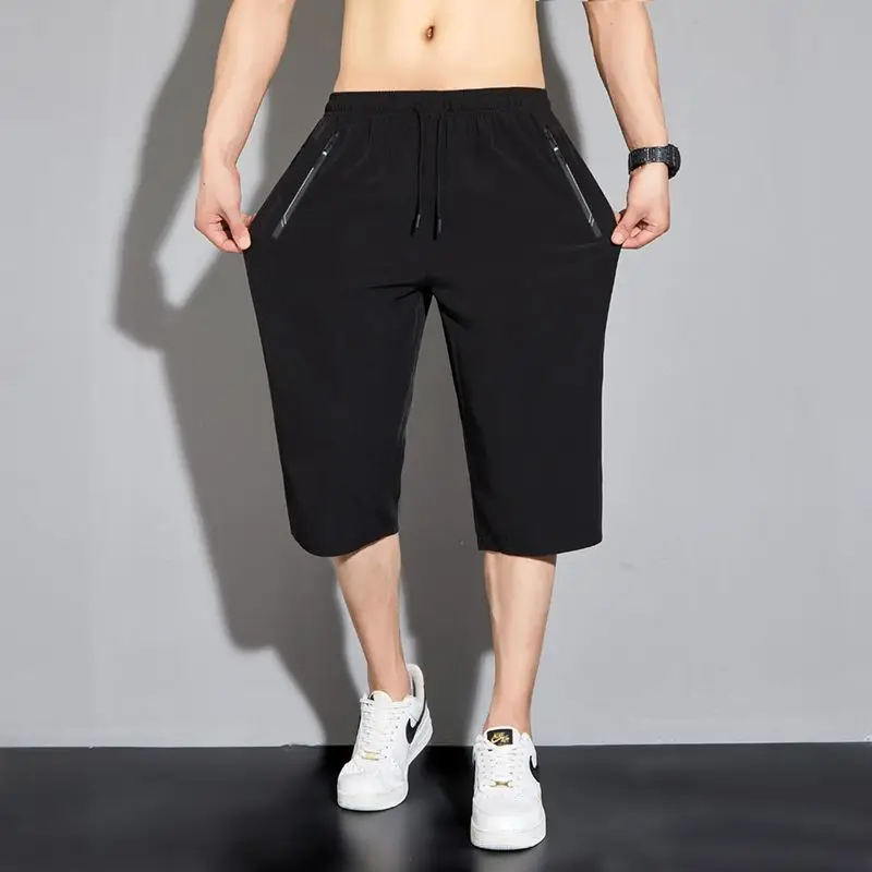 

Men's Plus Size Ice Silk Stretch Shorts Quick Dry Seven Point Pants Summer Breathable Sports Trousers