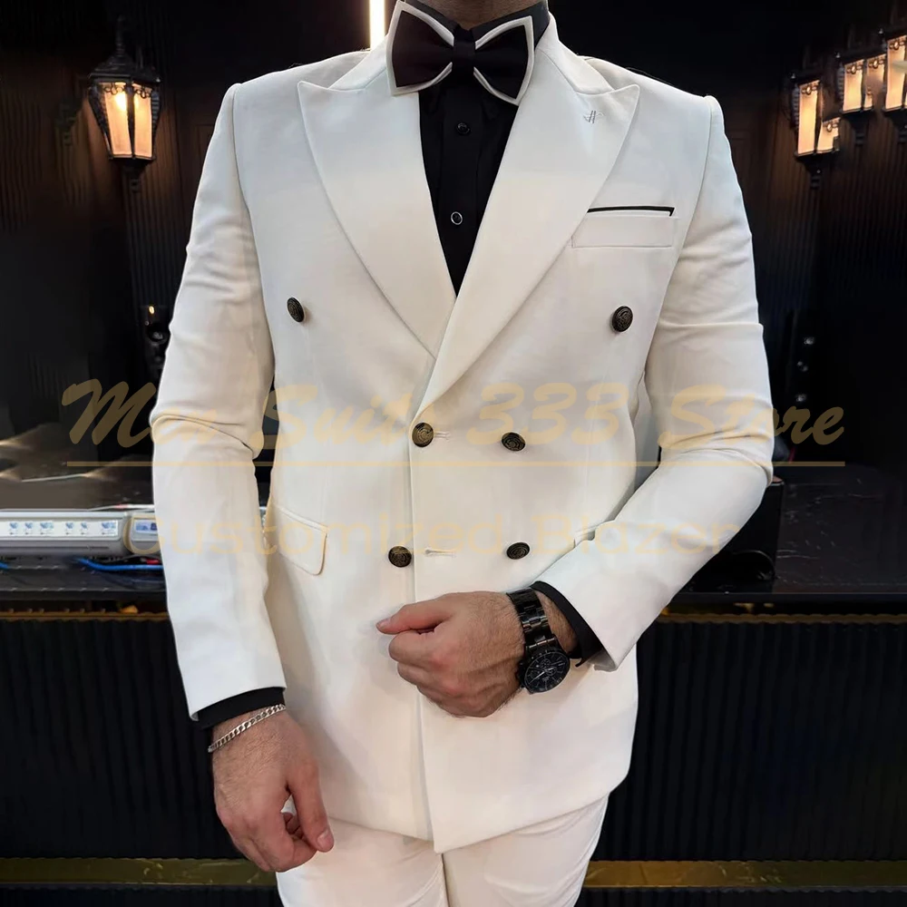 

White Men's Suits Elegant Double Breasted Peak Lapel Slim Fit 2 Piece Jacket Pants Sets High Quality Wedding Male Clothing Terno