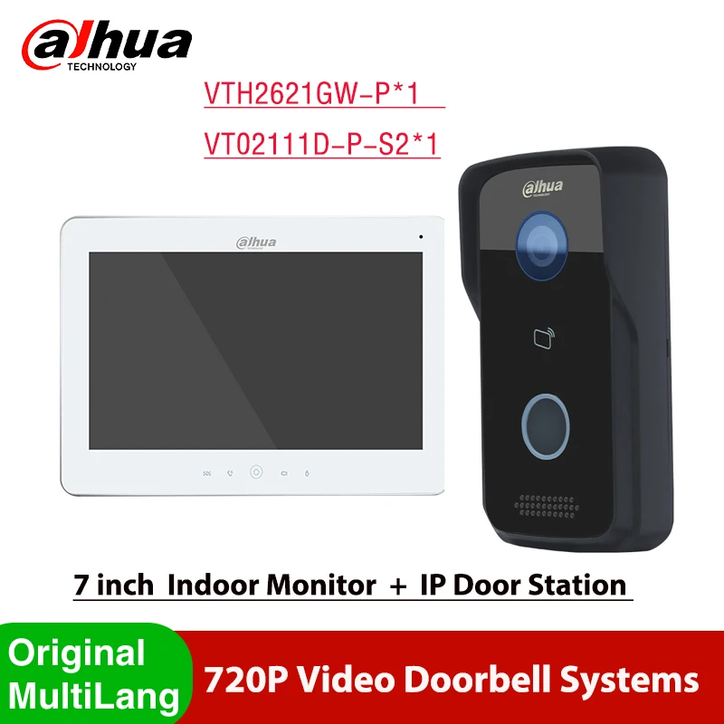 Dahua Wired Video Intercom Systems Door Phone VTO2111D-P-S2 Station & 7 Inch Touch Screen Indoor Monitor Doorbell VTH2621GW-P