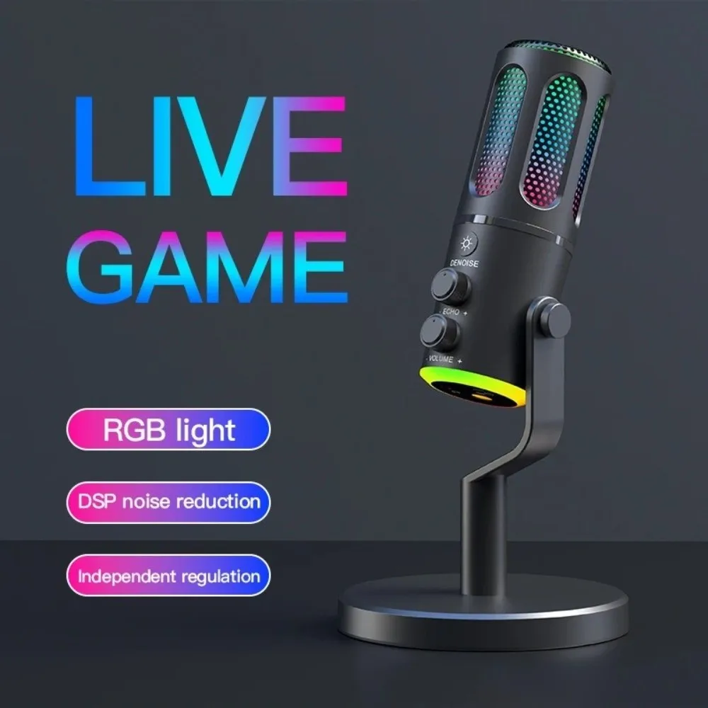 Micrófono portátil de condensador de luz RGB para videojuegos, sonido claro, sin ruido, USB, micrófono silencioso con un solo clic para grabación en Streaming