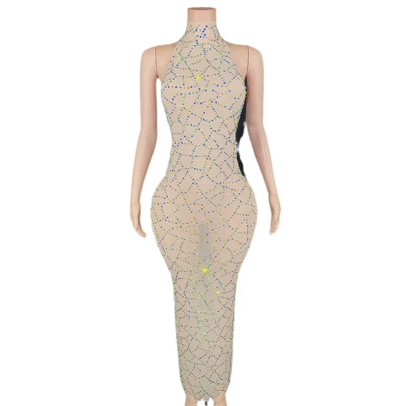 

Summer Apricot Mesh Crew Neck Sleeveless Long Party Dress - Back Split, Floor-length Robe De Soiree Elegante Pour Femme Vestito