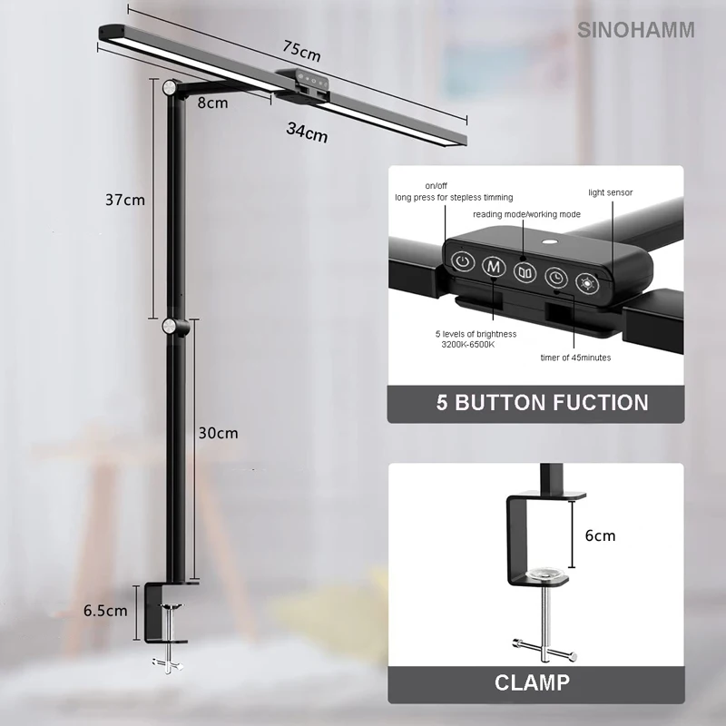 Lampa biurkowa dwugłowicowa z zaciskiem, długi ramiono, ściemnialna, 24V, ultra jasna, automatyczne ściemnianie, lampa stołowa architekta do domu i biura.