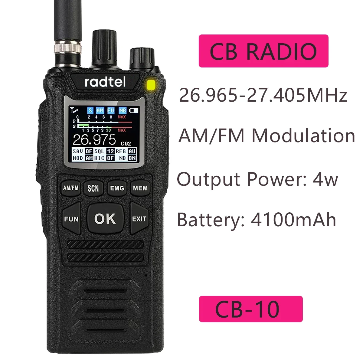 

Radtel CB-10 Handheld Walkie Talkie 27MHz CB Radio HAM Transceiver 4W 12V AM/FM CB channels 26-27MHz 4100hAm Battery for truck