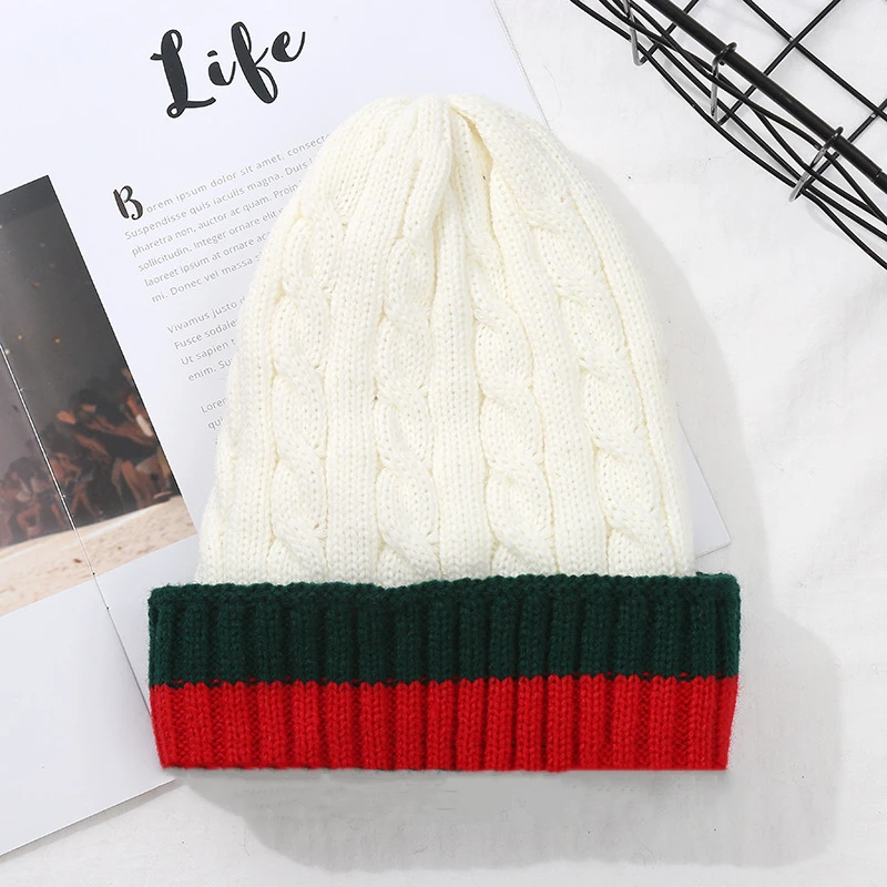 Winter Warm Pullover Hat for Women\'s Twist Velvet Beanie Fashion Stretch Knit Sweater Hat Hot Brand Stripes Casual Cap for Men