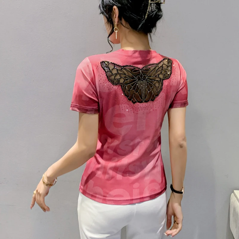 女性の半袖Tシャツ2023,夏,ヨーロッパのプリント,セクシー,ラウンドネック,パッチワーク,刺embroidery,ダイヤモンド,32140