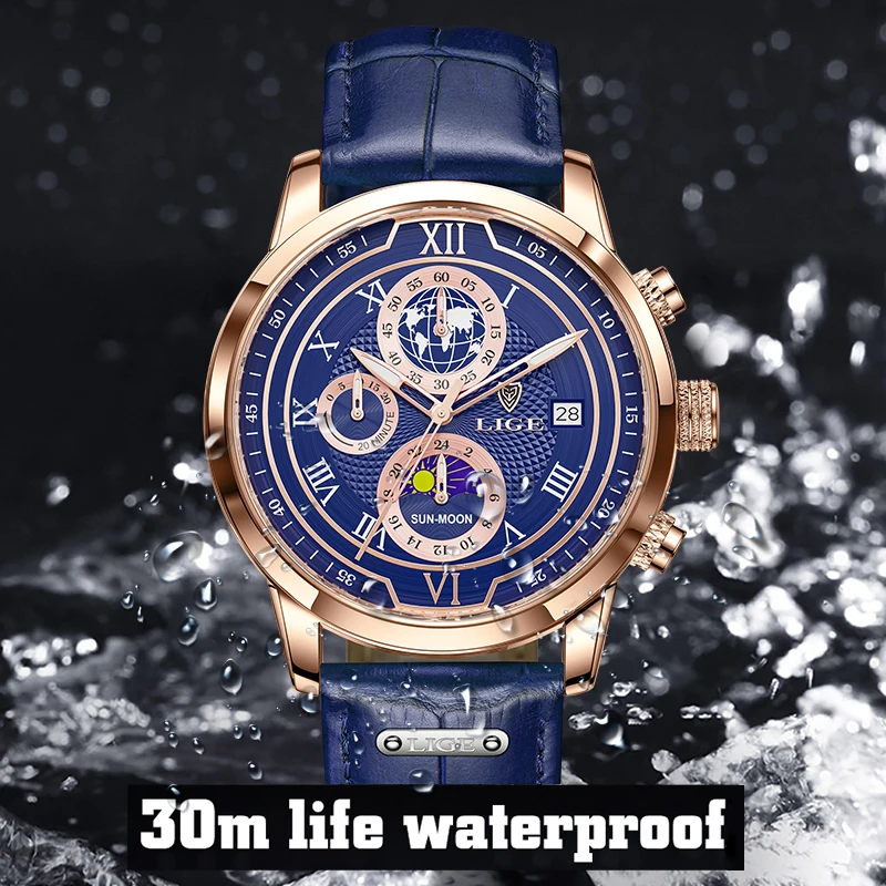 LIGE Blue Watch Fashion Business Mens Watches Casual Sport Leather Waterproof Chronograph Quartz Watch for Men Auto Date Clock