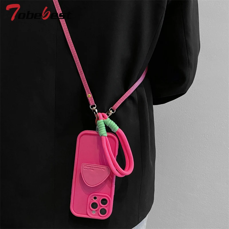 INS Triangle Stand Phone Holder Wrist Strap Case for IPhone 17 Air 16 16e 15 14 Plus 13 12 Mini 11 Pro Max Cover with Lanyard