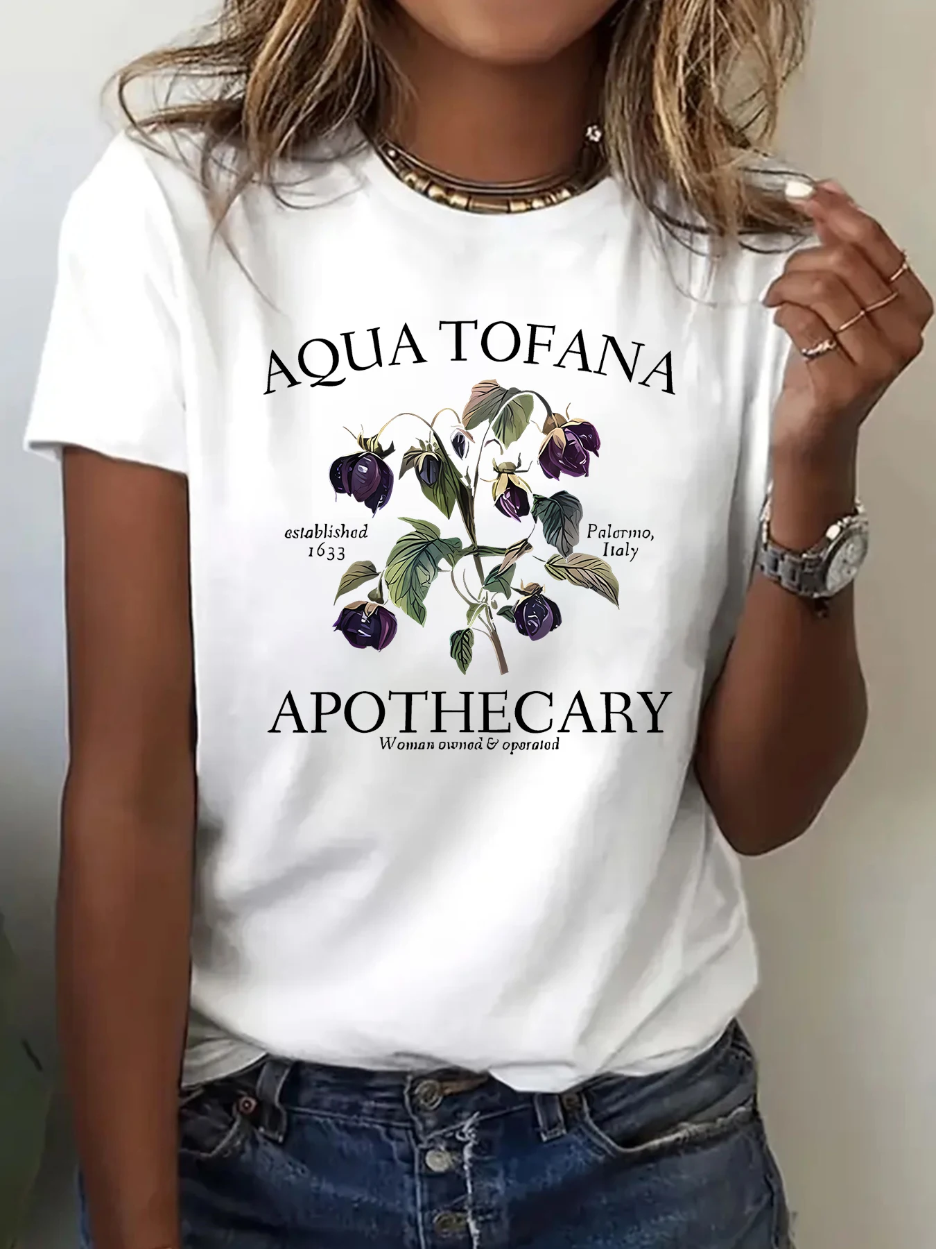 Women's Summer Crew Neck Short Sleeve T-Shirt, Vintage Aqua Tofana Bellflower Herb Apothecary Letter Print, Casual Fashion Tee