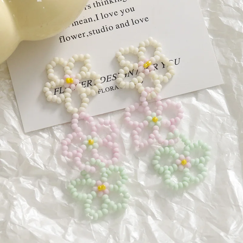 2pcs Cute cream long tricolor floral earrings DIY hand-woven beaded earrings hair accessories materials charms