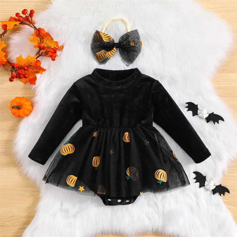 

BeQeuewll Newborn Girl Outfit Long Sleeve Crew Neck Pumpkin Print Tulle Patchwork Romper Dress with Headband Halloween Clothes