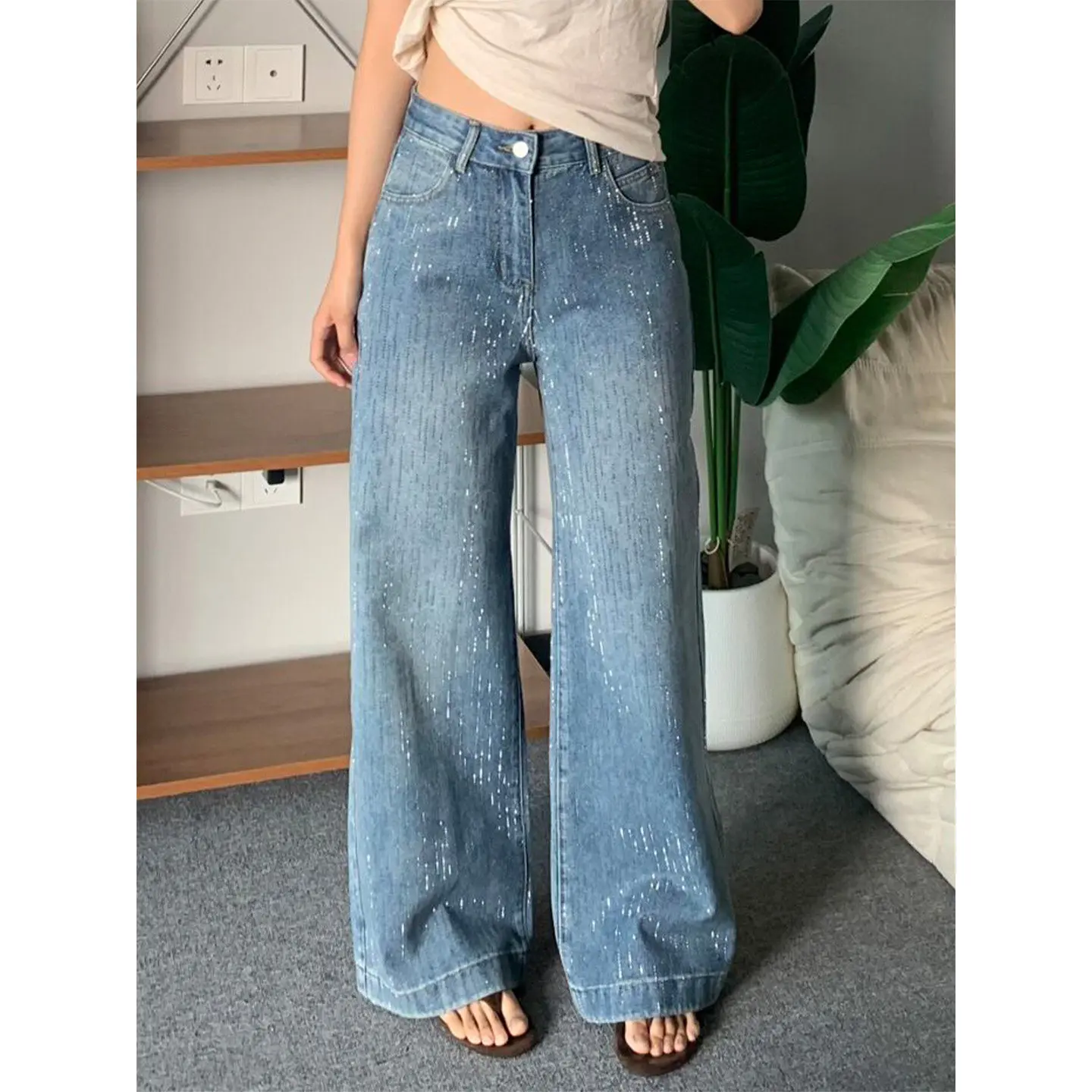 

American Style Rhinestone Jeans Women Blue Sparkly Embellished Wide Leg Denim Pants Retro Casual Streetwear Baggy Trousers