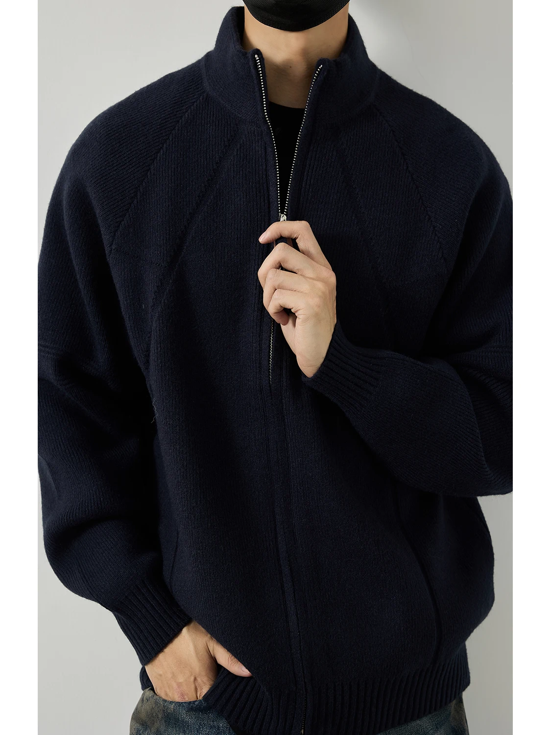 

Мужской вязаный кардиган LH Store в японском стиле, базовый свободный зимний свитер с двойной молнией, воротником-стойкой, повседневный, с длинными рукавами