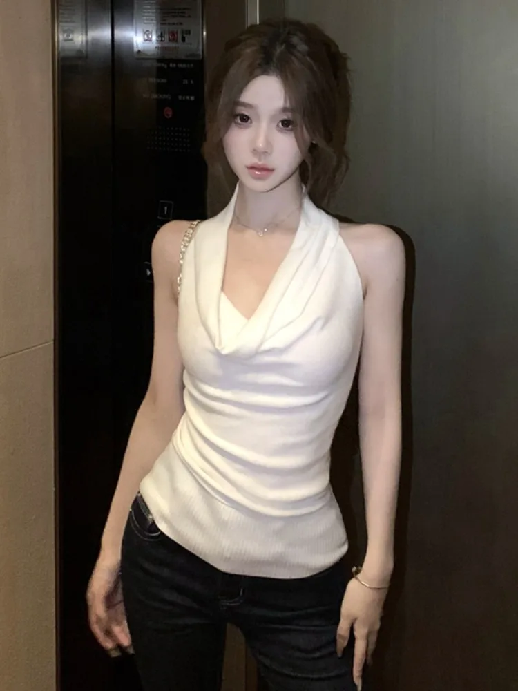 

Chic Korean Design Knitted Vest Women's Slim Fit Hollow out Backless Short Top Hanging Neck Female Fashion Spring Season