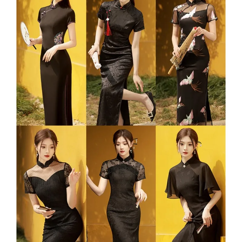 Black cheongsam new improved light temperament slimming Chinese long style