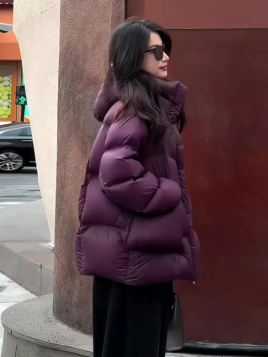 

Purple Small Size Women's down Jaet Winter 2025 New ular Hooded Zipper Bread Sle Coat Casual Loose Fit Long Sve