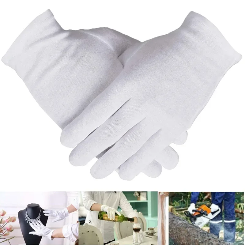 12 Pairs White Cotton Gloves For Dry Hands Moisturizing Eczema Inspection Work Serving Gloves Washable Stretchable Cloth Gloves