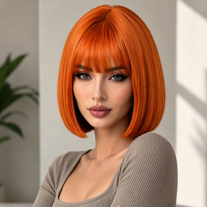 Orange 12-inch bangs wig, comfortable, breathable, stylish and fluffy, suitable for all women.