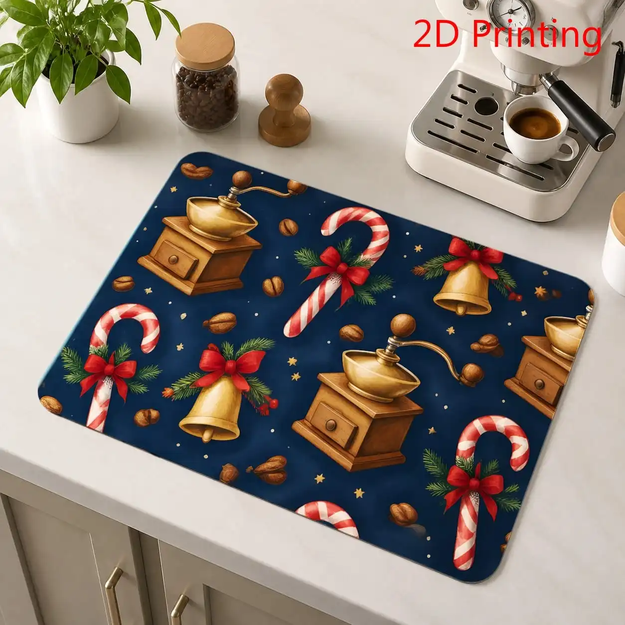 Black Gingerbread Man Holly Berry Star Print Washable Durable Kitchen Drying Mat For Holiday Season Theme