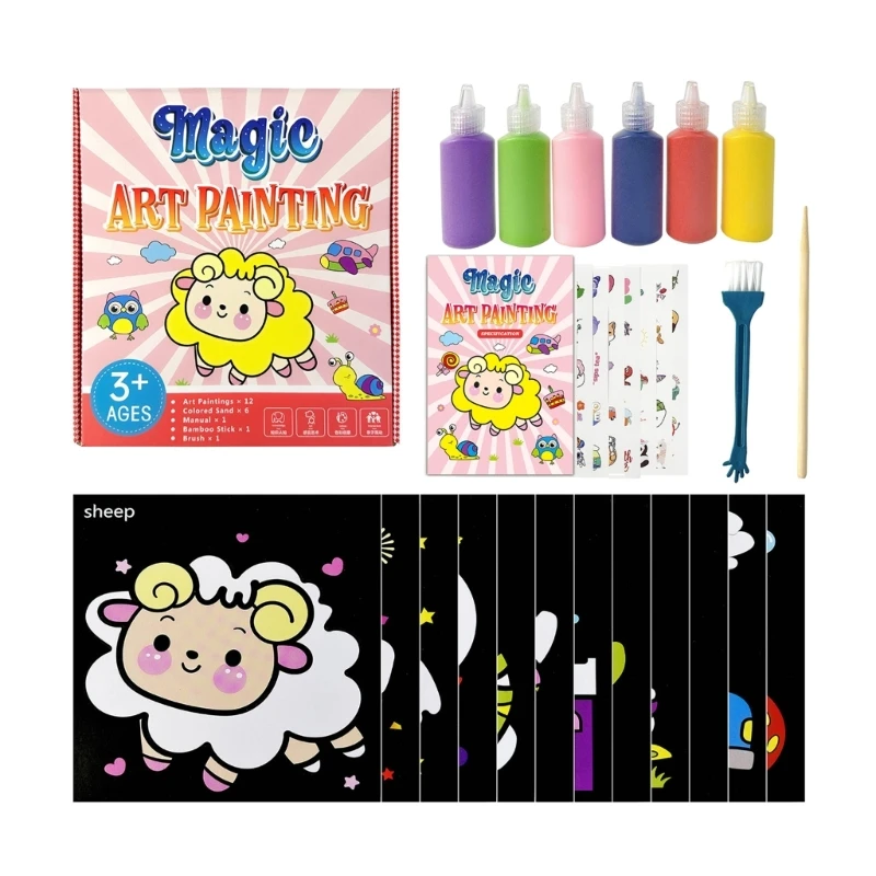 Complete Sand Painting Tool with 12 Sand Paintings Cards, 6 Bottles of Sand for Kids Creating Colored Sand Art Drawing