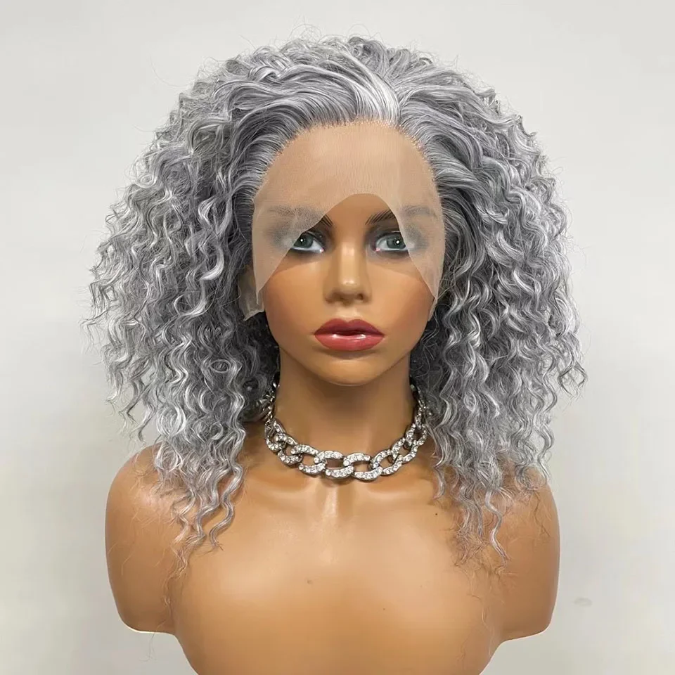 Short Bob Wig Curly Lace Front Wig Grey Synthetic Lace Front Wig For Women Natural Hairline Heat Resistant Synthetic Fiber