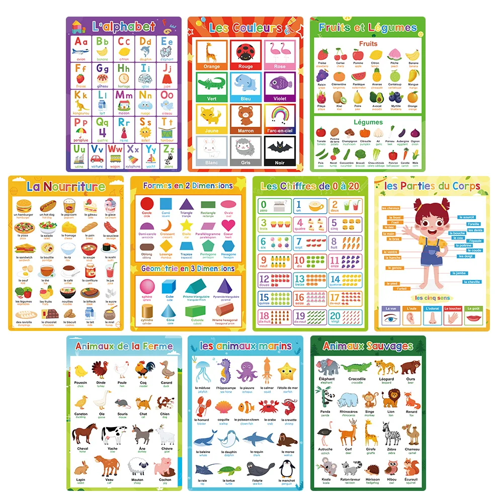 Francese inglese bilingue parole apprendimento A4 poster grafici per bambini asilo aula decorazione insegnante sussidi didattici 10 pezzi