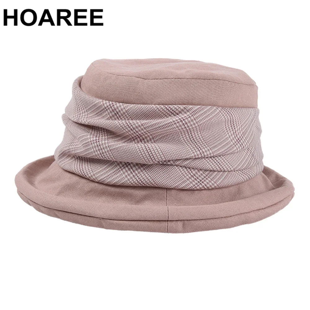 

HOAREE Pink Plaid Floppy Hat Vintage Women Bucket Hat Cotton High Quality Ladies Fisherman Hat Fashion Summer Hats for Women