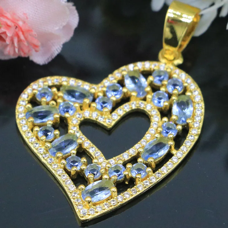 Buy 3 Get 1 Free 26x17mm Eye Catching Heart Shape Rich Blue Violet Tanzanite White CZ Woman's Engagement Gold Silver Pendant