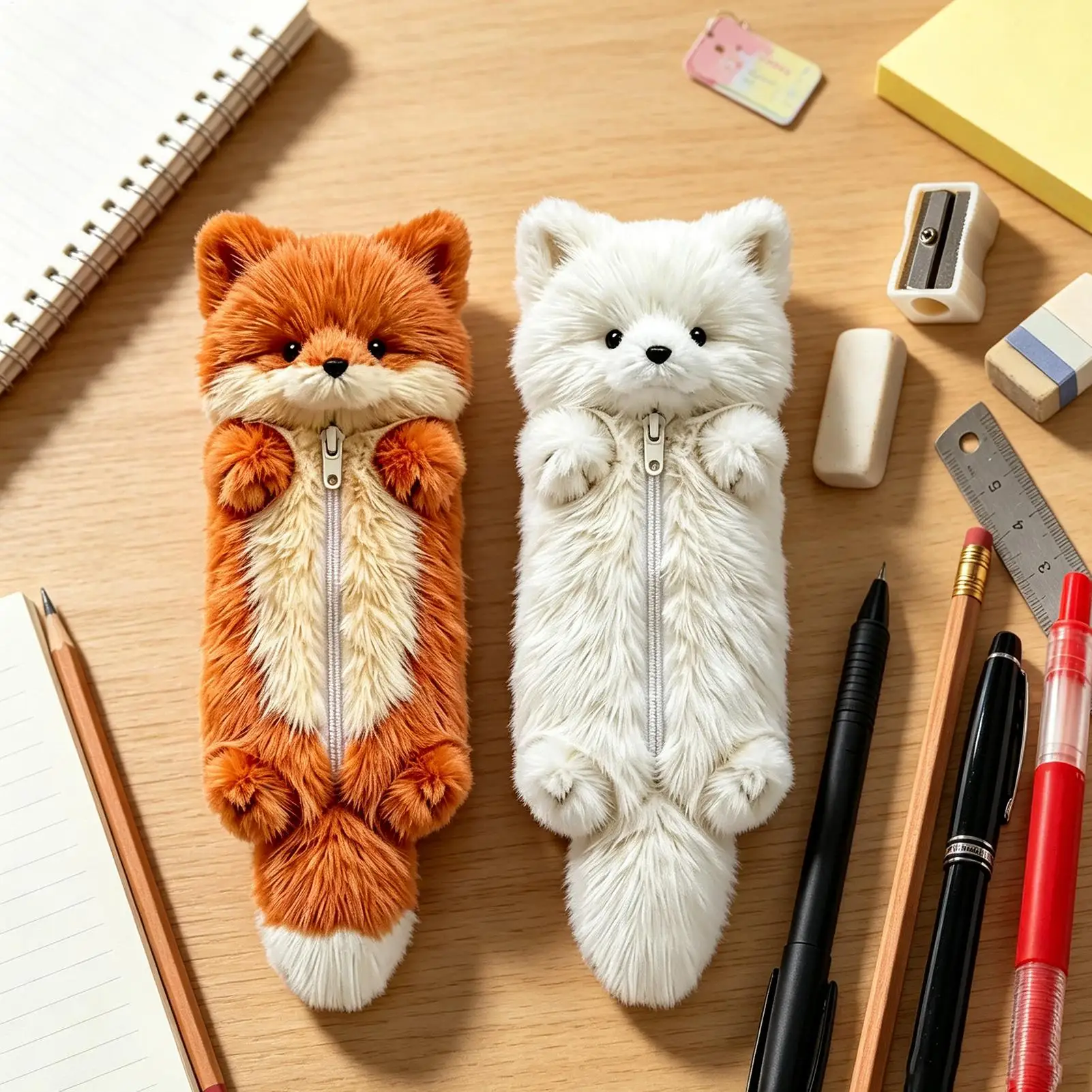Plush Pencil Case 2 Pieces Animal Stationery Organizer Bag Cute Pen Holder Pouch Students Writers Kids Teens Adults Study Home