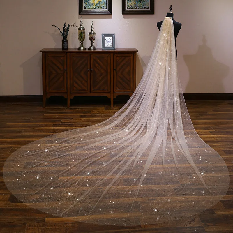 Long Bridal Veils with Comb 3 Meters 1 Layer Cathedral White Champagne Sparkly Wedding Veil Wedding Accessories