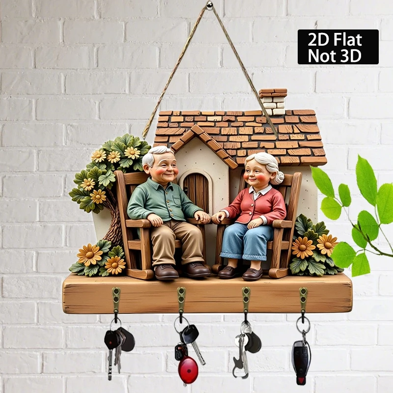 Rustic-Style Wooden Key Holder 2D Old Couple Design Farmhouse Porch Decor Key Storage for Valentine's Day Elder's Birthday Gifts