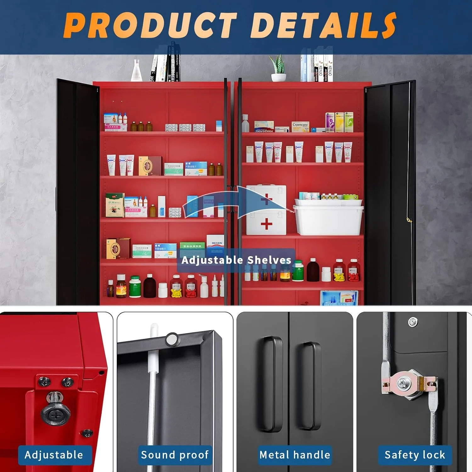 Metal Garage Storage Cabinet with 2 Doors & 5 Adjustable Shelves-71"Steel Lockable File Cabinet,Locking Tool Cabinets(Red Black)