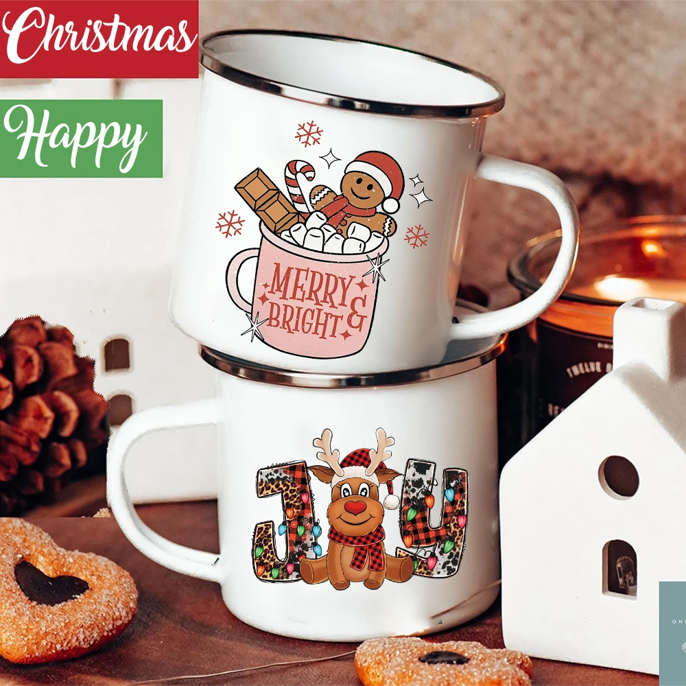 Merry & Bright Cookie Deer Print Enamel Mugs Christmas Decor Cup Party Wine Juice Handle Coffee Mug Xmas Gift for Family Friends