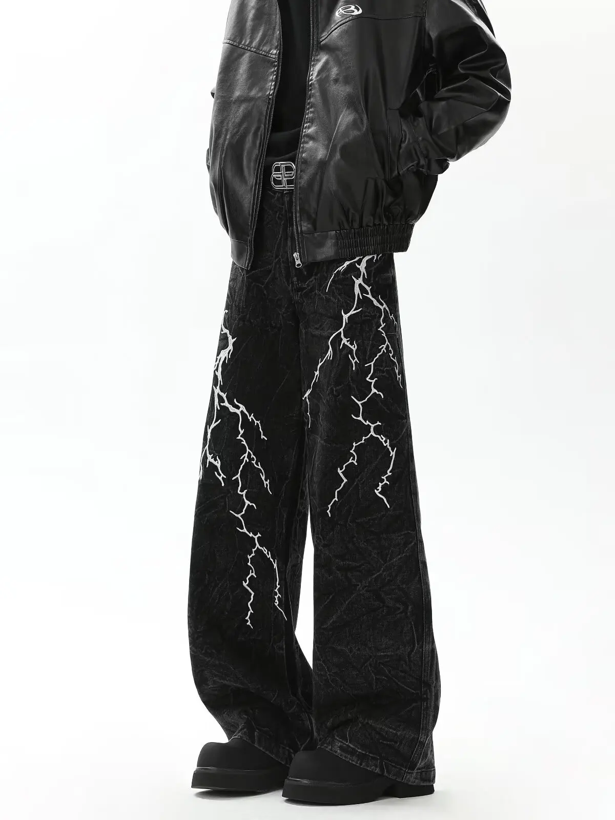 

Мужские джинсы American Sle с вышивкой в виде молнии, модные, в стиле хип-хоп, уличные, ретро, свободные, расклешенные, удлиненные, визуально стройнящие.