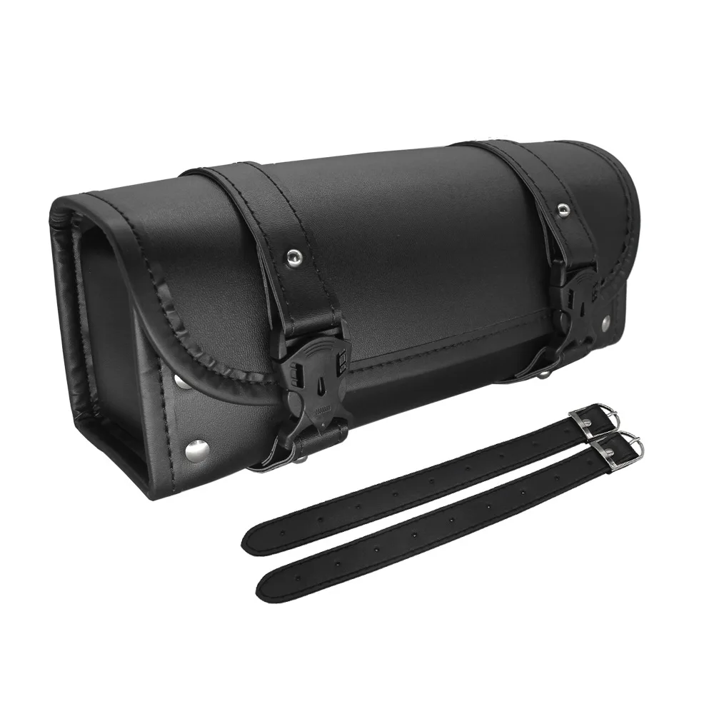 Motorcycle Fork Bag, PU Leather Handlebar Tool Pouch Sissy Bar Roll Storage Bag with 2 Straps