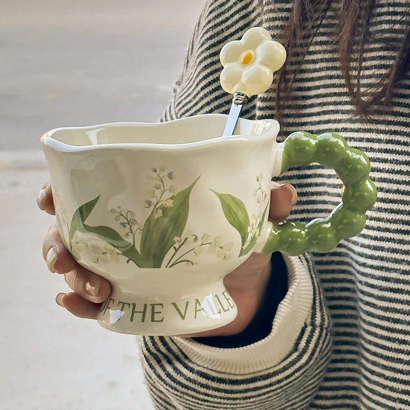 Creative Green Bell Orchid Pattern Water Cups, Ceramic Household Office Items, Porcelain Bring A Spoon Mug, Coffee Milk Cup, 1Pc